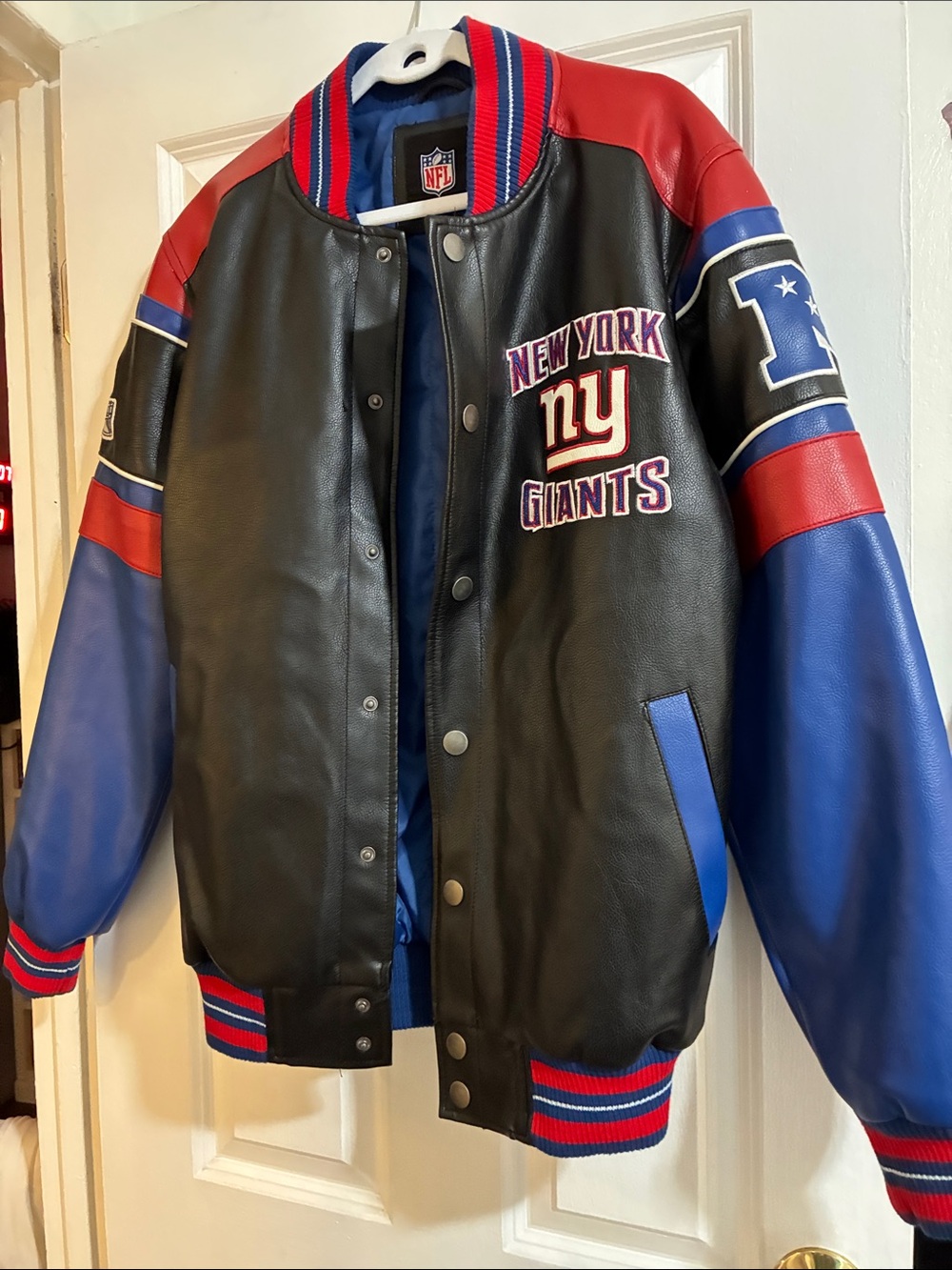 NFL New York Giants Black Blue Red Leather Bomber Jacket
